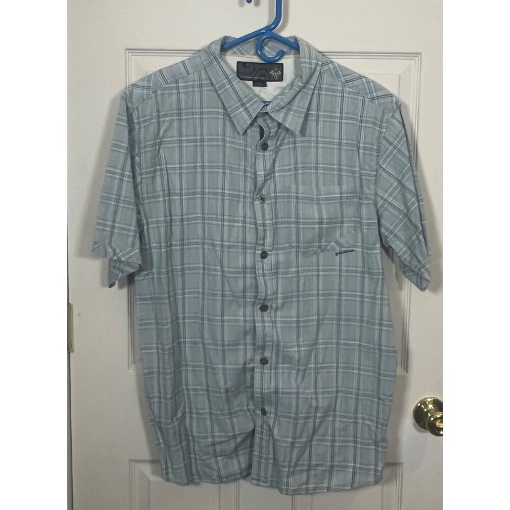 PrAna Mens XL Plaid Short Sleeve Button-Up Shirt Lightweight Cotton Blend Blue &